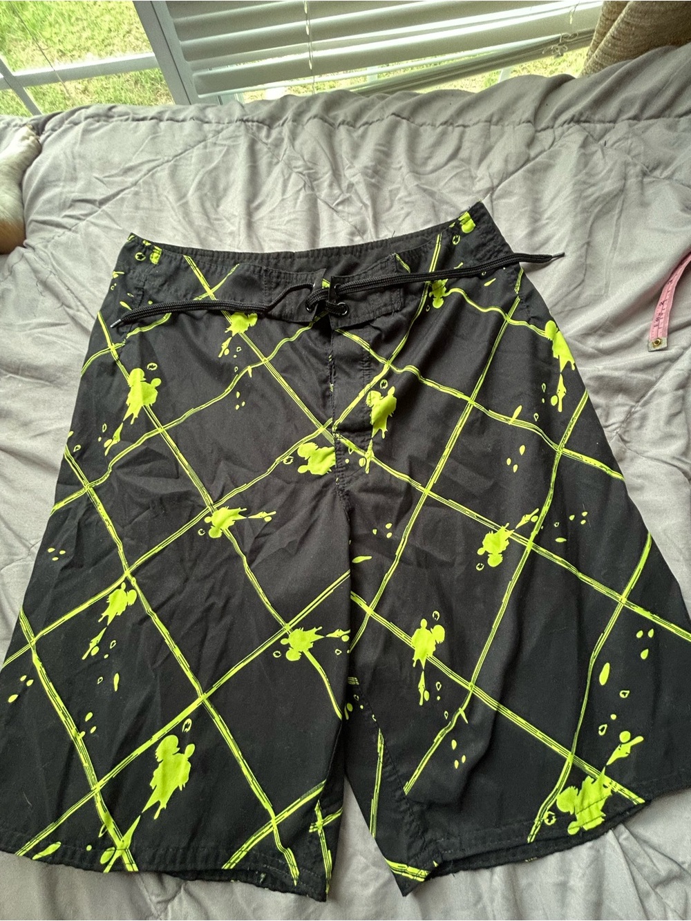 💚3/$25 Joe Boxer Black Swim Trunks with Neon Green Grid Splatter small (32)